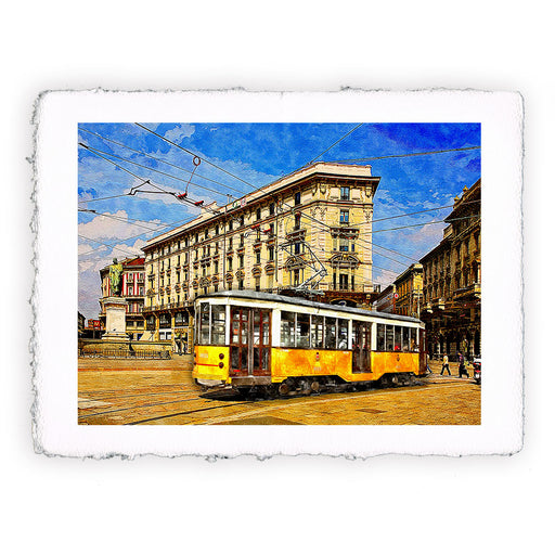 Milano - Tram in piazza Cordusio. Stampa stile acquarello in carta a mano di Amalfi