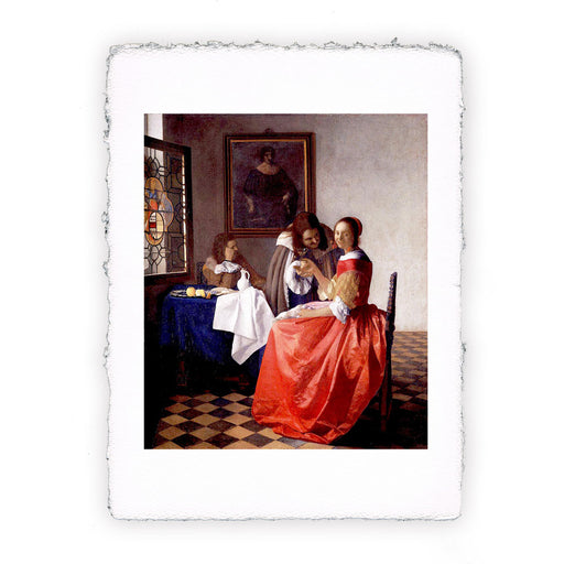 Stampa di Jan Vermeer - Due gentiluomini e una fanciulla con bicchiere di vino - 1658