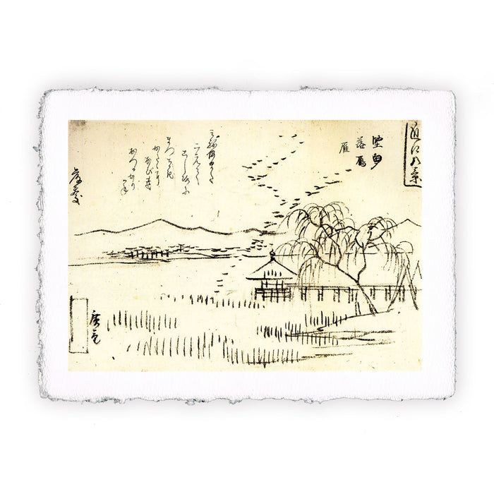 Stampa di Utogawa Hiroshige - Ampia veduta sopra un lago con un volo di oche - 1820