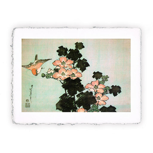 Stampa Pitteikon di Katsushika Hokusai - Ibiscus e passerotto - 1830