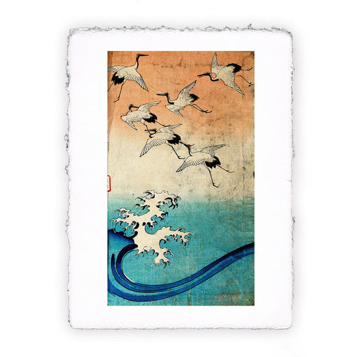 Stampa di Utogawa Hiroshige - Sei gru che volano verso l'alto sopra un'onda - 1837