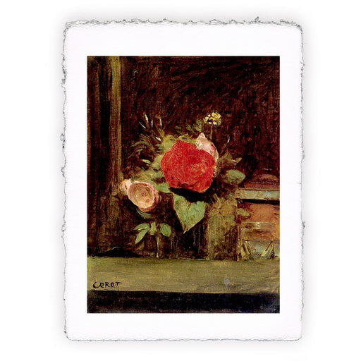 Stampa di Camille Corot - Bouquet di fiori in vaso di vetro vicino vasetto di tabacco - 1873-1874