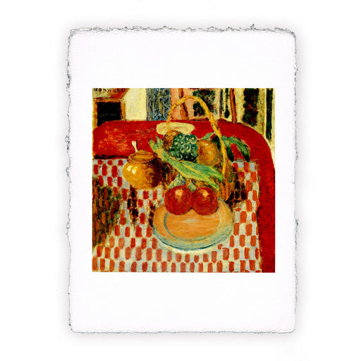 Stampa di Pierre Bonnard - Cestino e piatto di frutta su tovaglia a scacchi rossi - 1939