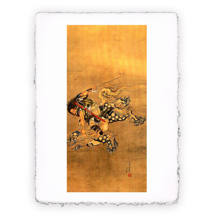 Stampa di Katsushika Hokusai - Shoki che cavalca un leone Shish