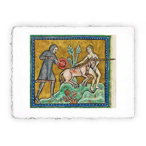 Stampa di Bestiario inglese - British Library - Caccia all'unicorno - Royal 12 F xiii f10v