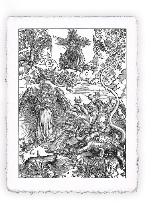 Stampa di Dürer: Apocalisse - 10 - La donna, vestita di luce, e il drago a sette teste