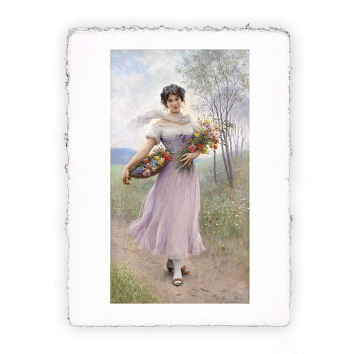 Stampa di Eugene de Blaas - Ragazza in abito lilla con mazzi di fiori