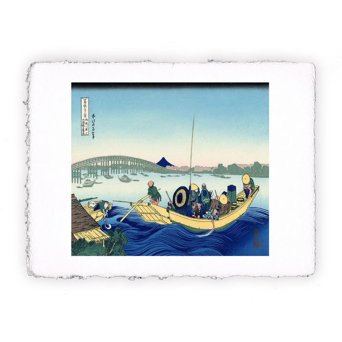 Stampa di Katsushika Hokusai - Tramonto sul ponte Ryogoku dalla riva del fiume Sumida