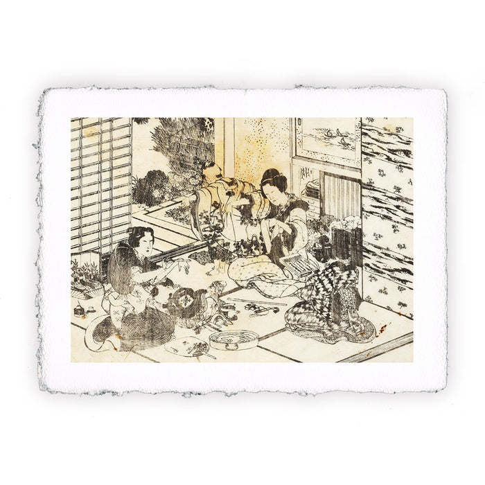 Stampa di Katsushika Hokusai - Tre donne e due bambini