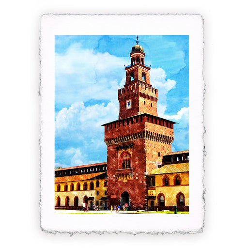 Milano - Castello Sforzesco. Stampa stile acquarello in carta a mano di Amalfi