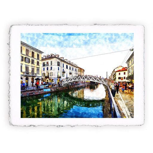 Milano - Naviglio Grande. Stampa stile acquarello in carta a mano di Amalfi